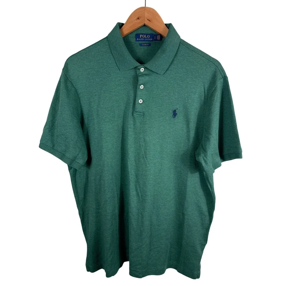 Polo Ralph Lauren Men's Large Classic Green Heather Cotton Collegiate Polo Shirt